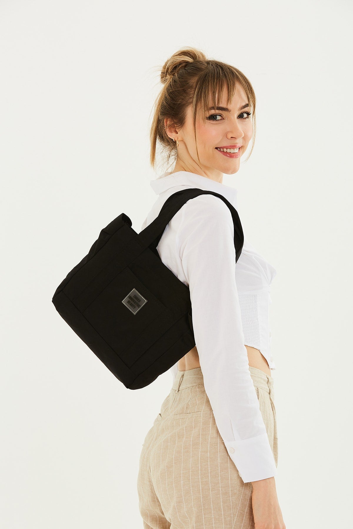 Black U37 Snap Closure 2 Compartment Front Pocket Detailed Canvas Fabric Casual Women's Arm And Shoulder Bag U
