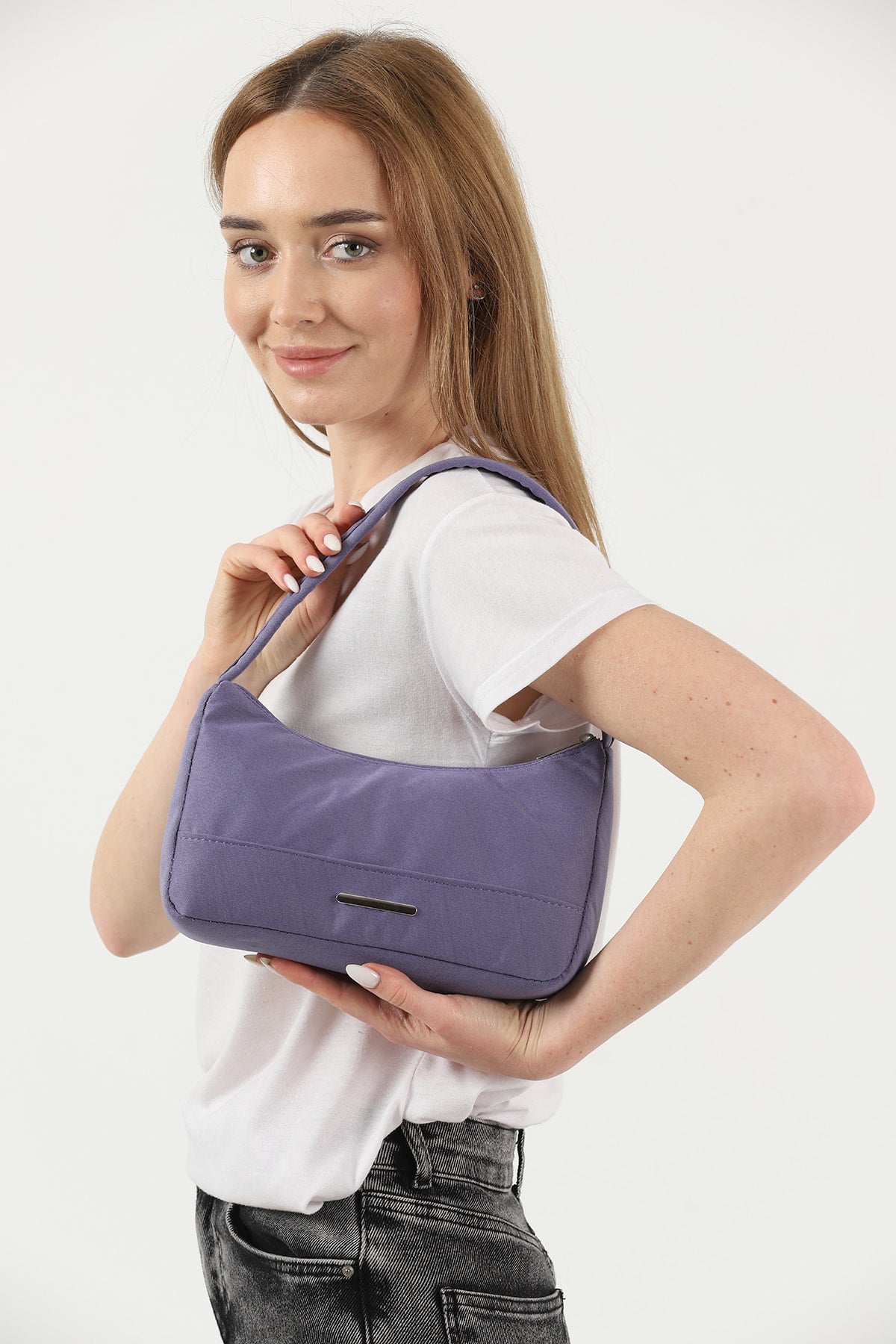 Lilac U26 Single Zipper Section Canvas Fabric Women's Daily Baguette Hand And Shoulder Bag U:13 E:25 G:6