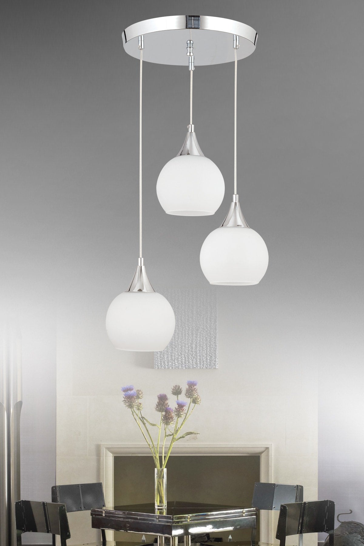 Sante 3-Piece Chrome White Glass Modern Pendant Lamp Chandelier Living Room Kitchen Room Hallway Chandelier