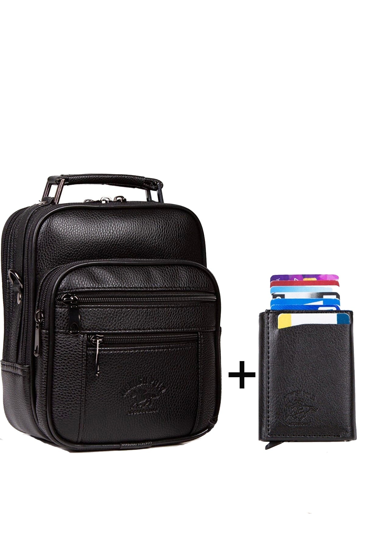 Men's Black Leather Steel Case Hand And Shoulder Bag And Mechanism Card Holder Wallet Medium Size