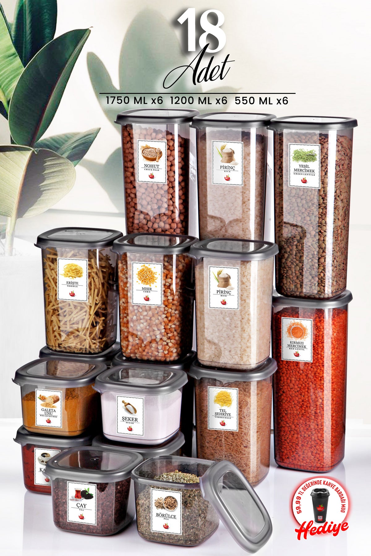 Set Of 18 Labeled Square Food Storage Containers X6(550Ml-1200Ml-1750Ml) Hard Lid Jar