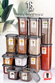 Set Of 18 Labeled Square Food Storage Containers X6(550Ml-1200Ml-1750Ml) Hard Lid Jar
