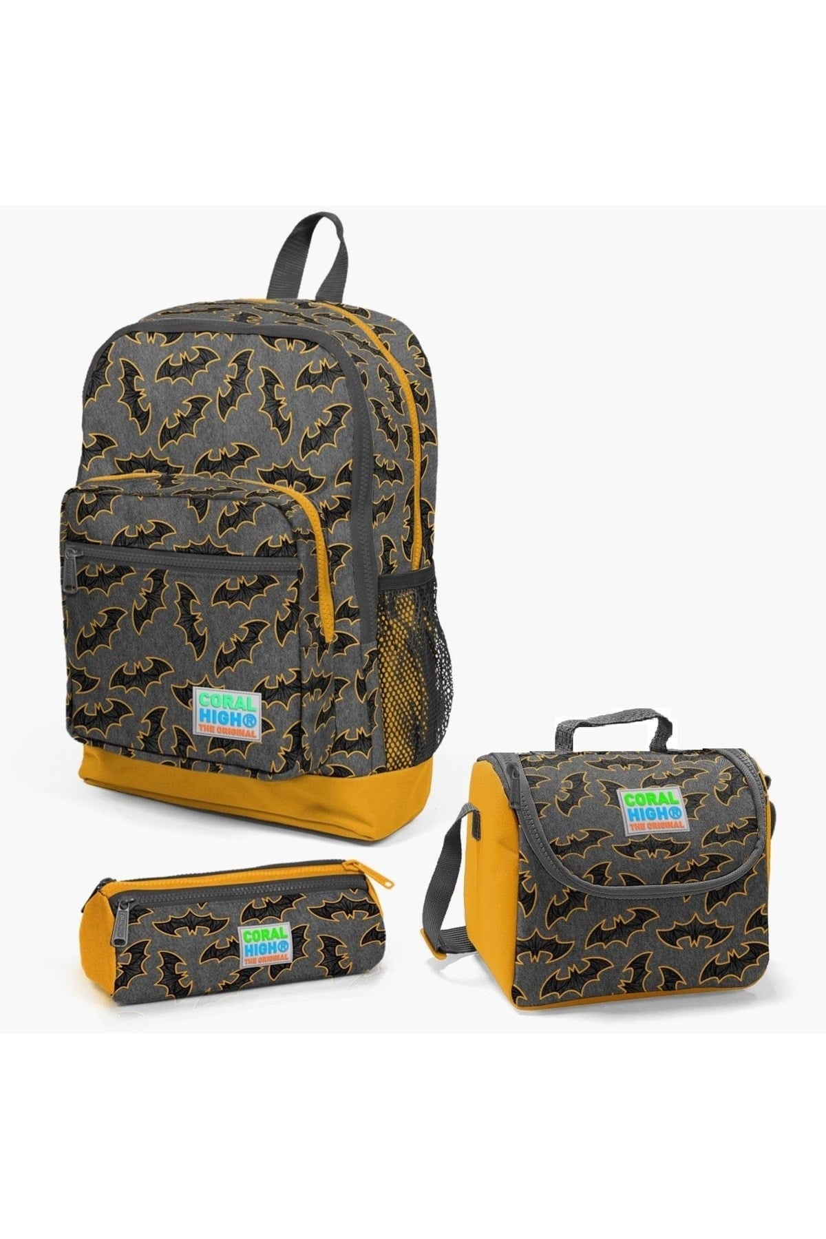 Kids Dark Gray Mustard Bat Patterned 3-Piece School Bag Set