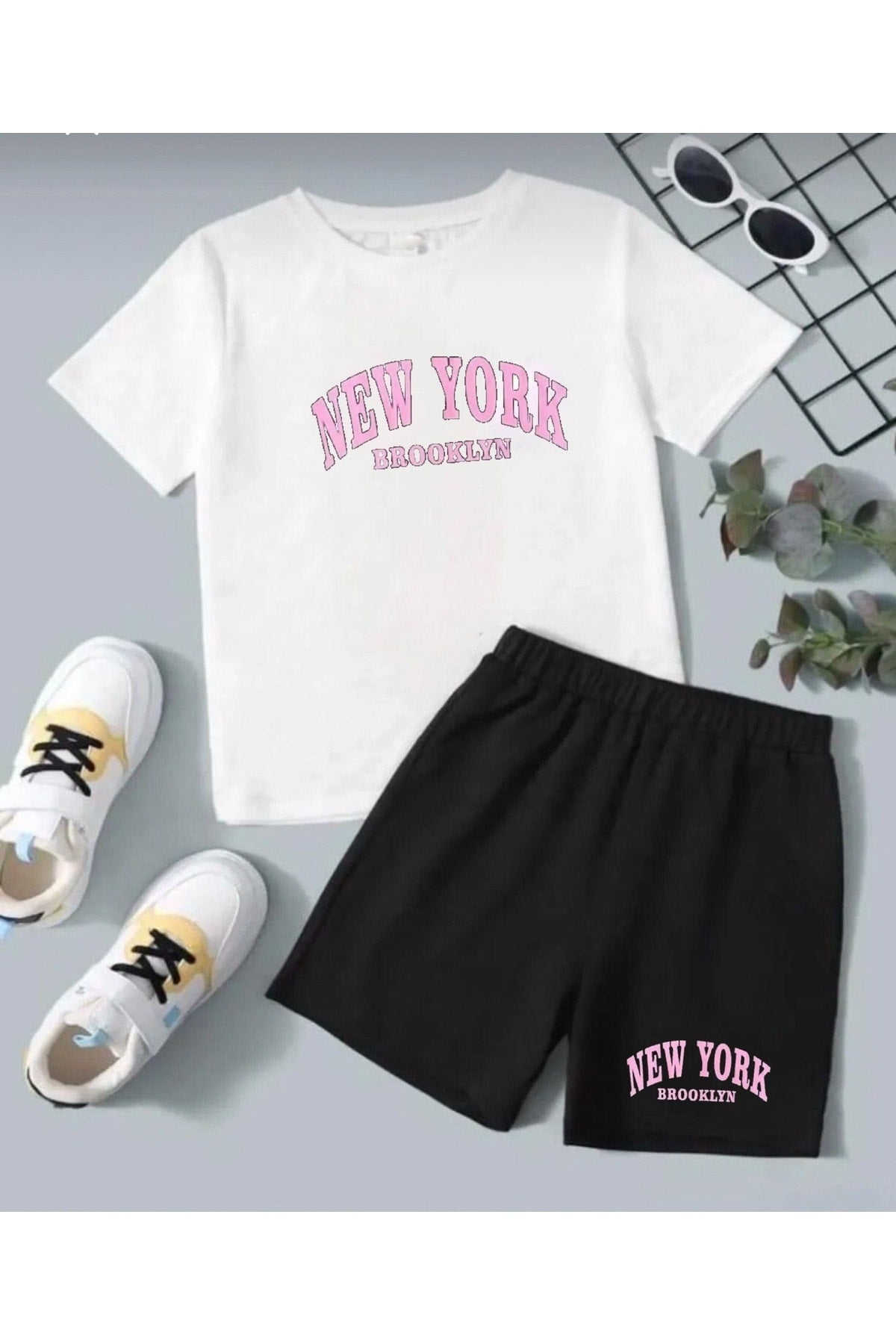 White New York Printed Girls Shorts Set