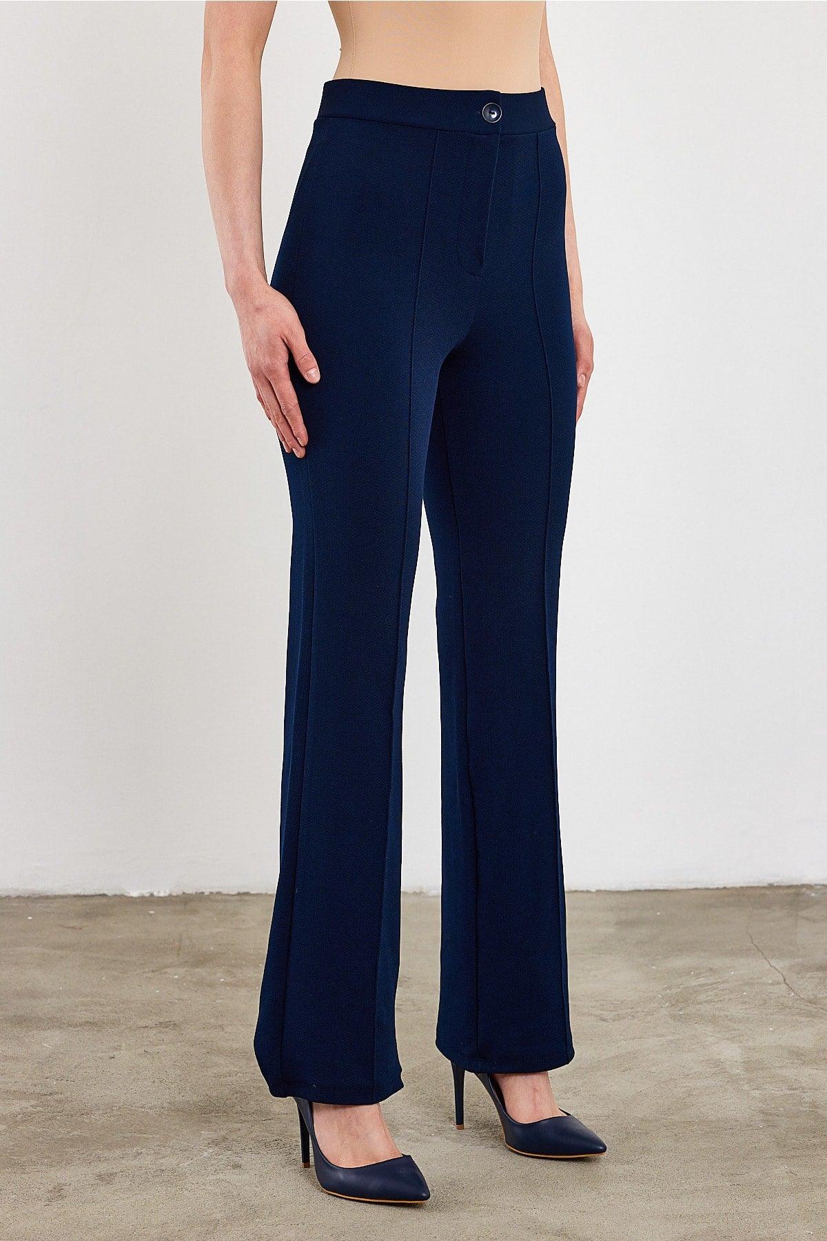 Women's Navy Blue High Waist Gatherer Flared Trousers Palazzo Trousers - Swordslife