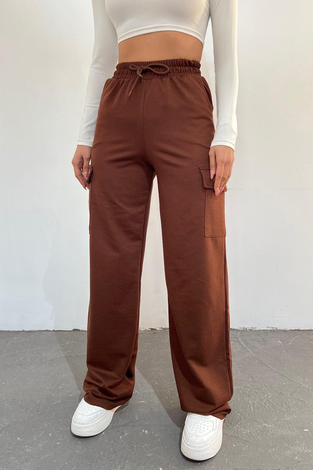 Women's Brown - Regular Fit Cargo Pocket Wide Leg Sweatpants - Swordslife