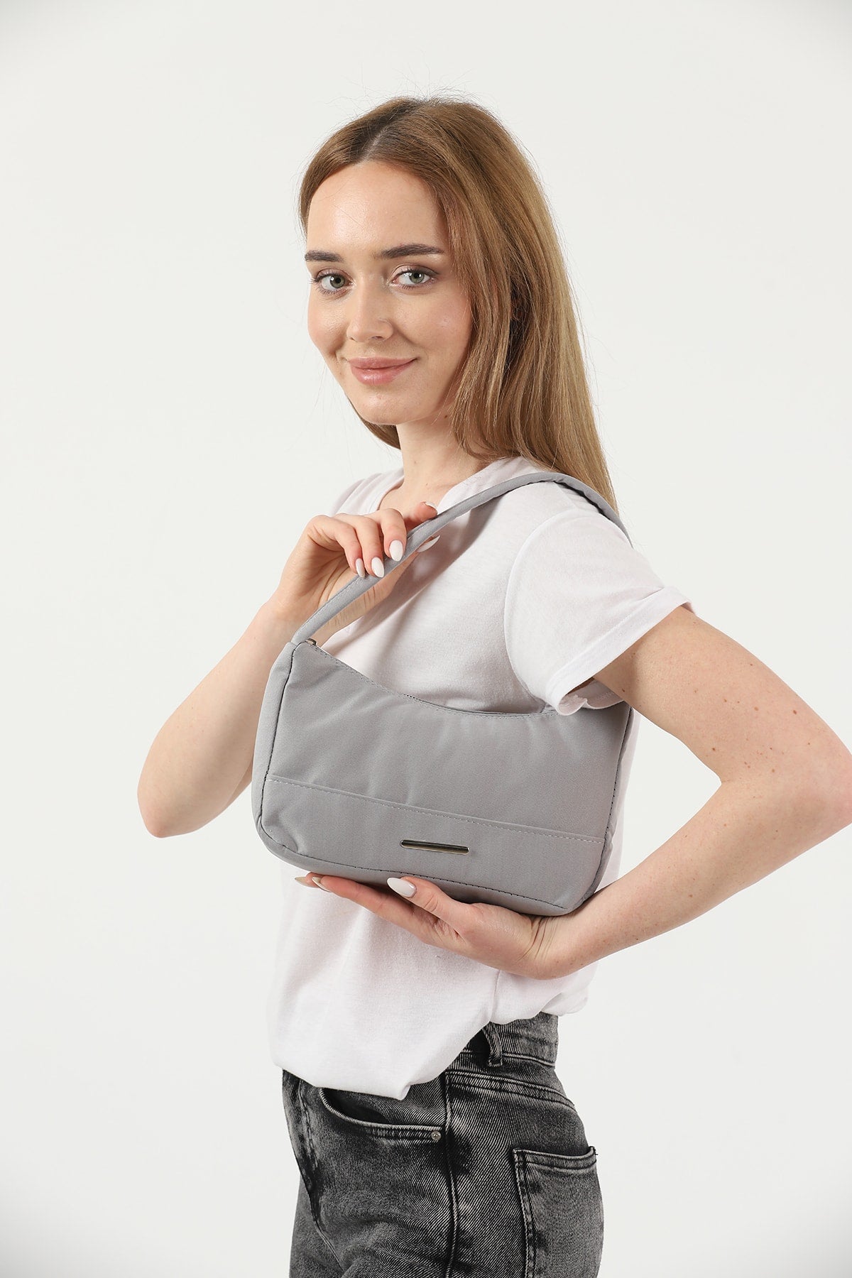 Gray U26 Single Zipper Section Canvas Fabric Women'S Daily Baguette Hand And Shoulder Bag U:13 E:25 G:6
