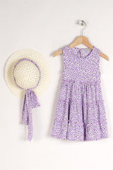Girl Child Lilac Colored Floral Patterned Dress With Hat Accessory