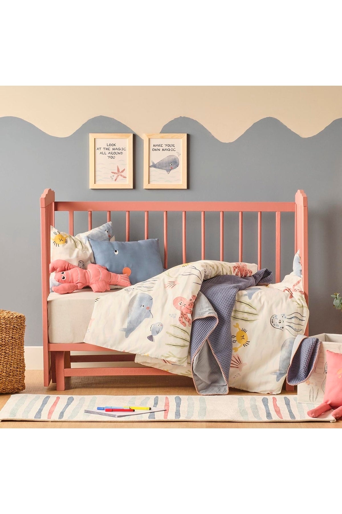 100% Cotton Ranforce Marin Whale Baby Duvet Cover Set Blue (100X150 Cm)