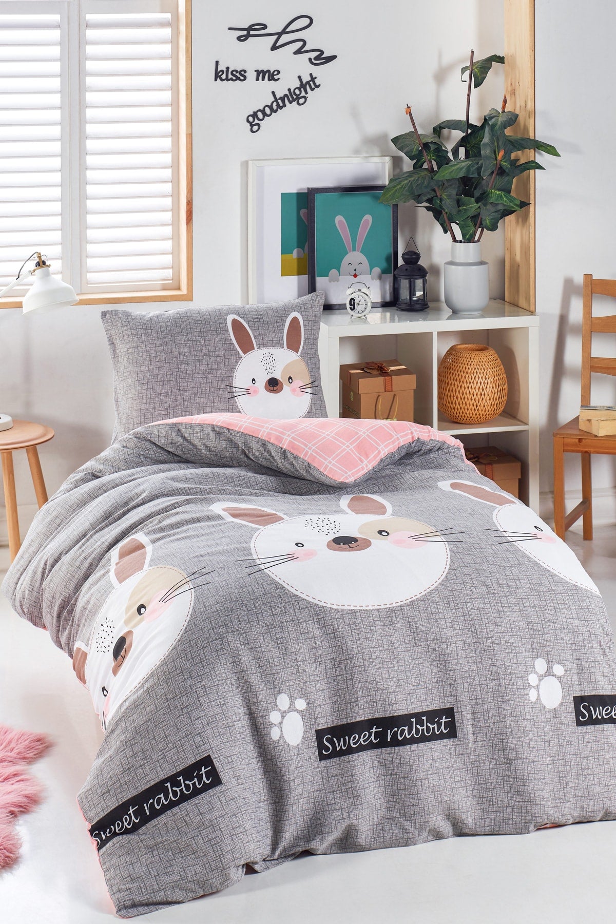 Junior-Bettbezug-Set Einzelbett Kaninchen A. Braun-Grau-Rosa