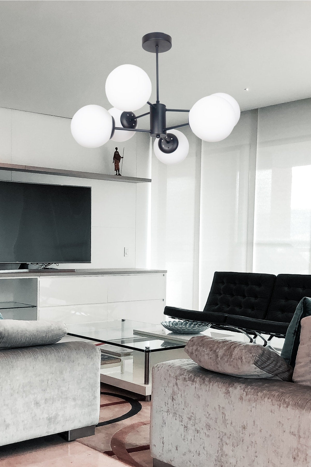 Oscar Modern Luxury Design Black Color Case White Glass Living Room - Kitchen - Bedroom 6-Piece Chandelier