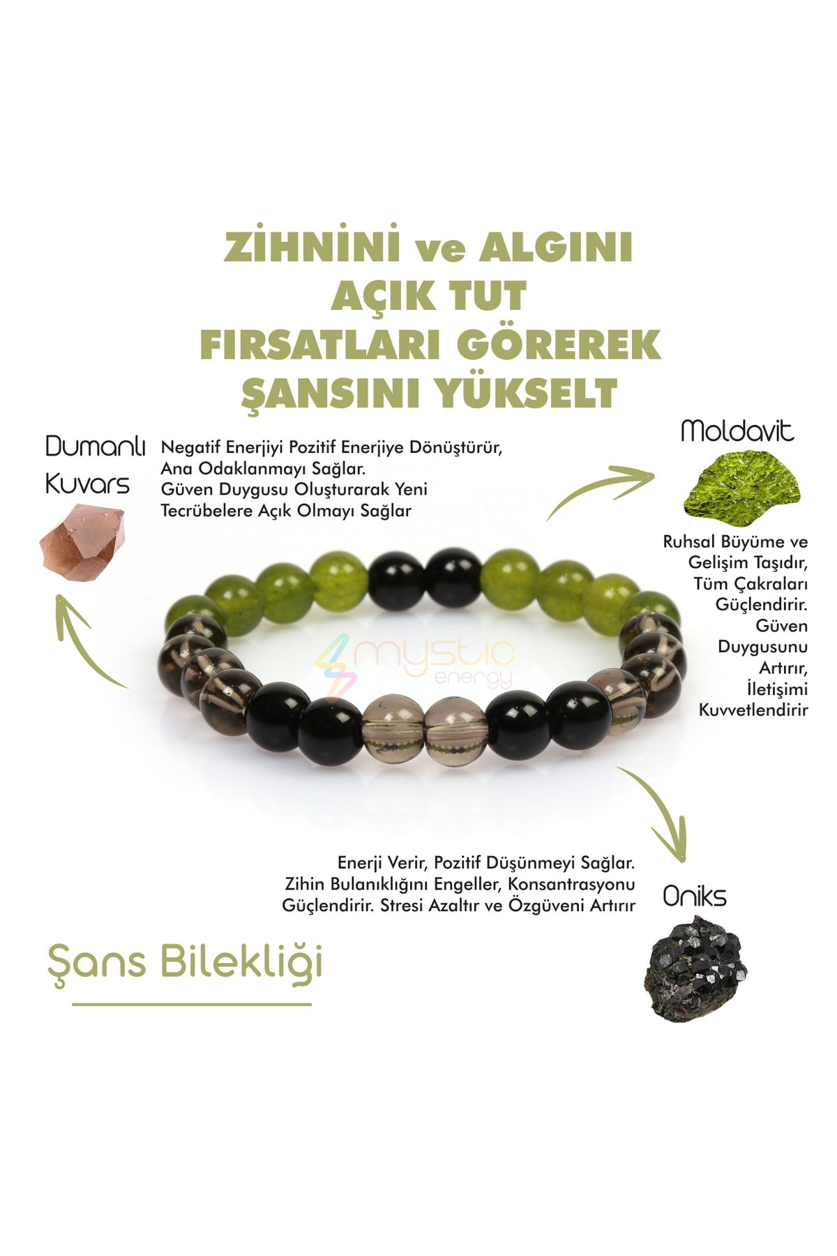 Certified Natural Stone Lucky Charm Bracelet (ONYX, SMOKE QUARTZ, MOLDAVITE STONE NATURAL STONE BRACELET)