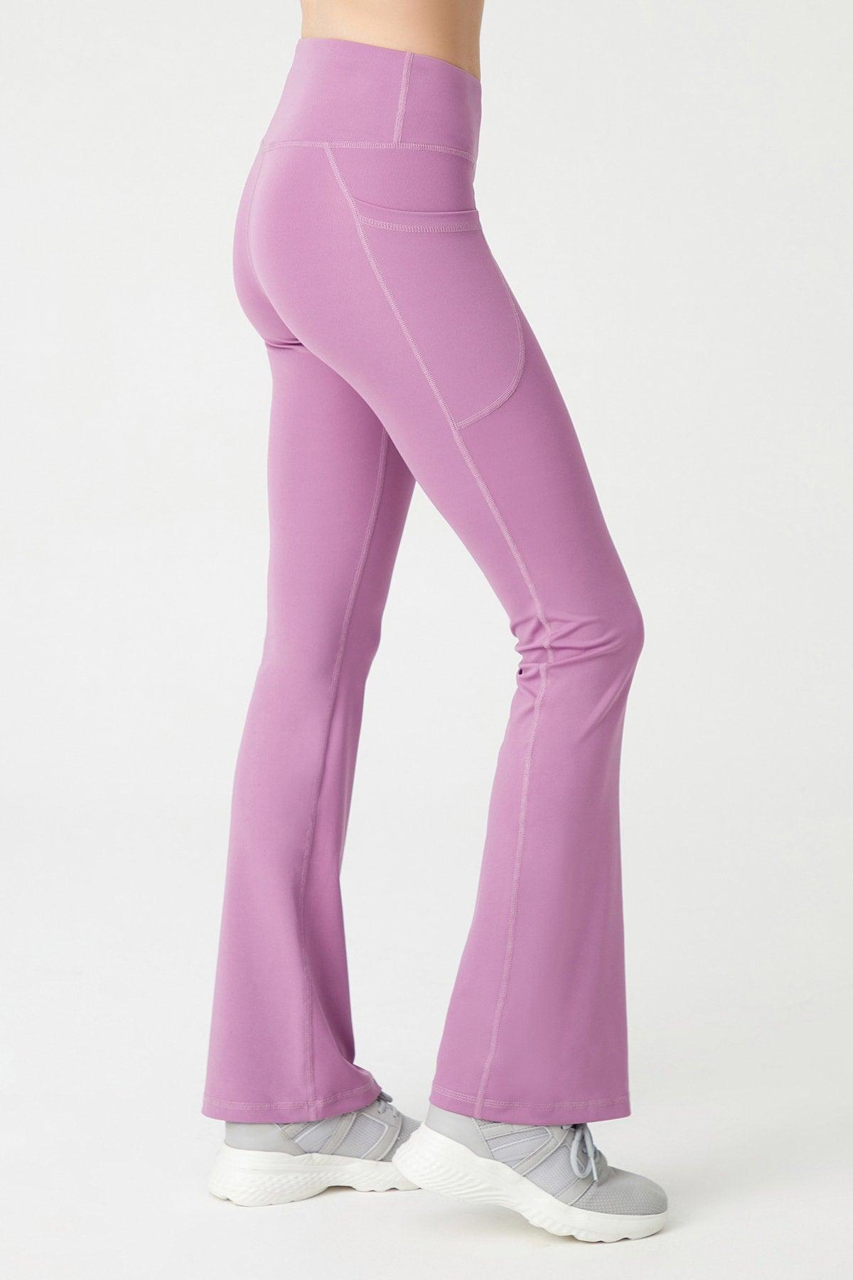 Women's Lavender High Waist Gatherer Double Pocket Spanish Leg Leggings Bootcut - Swordslife