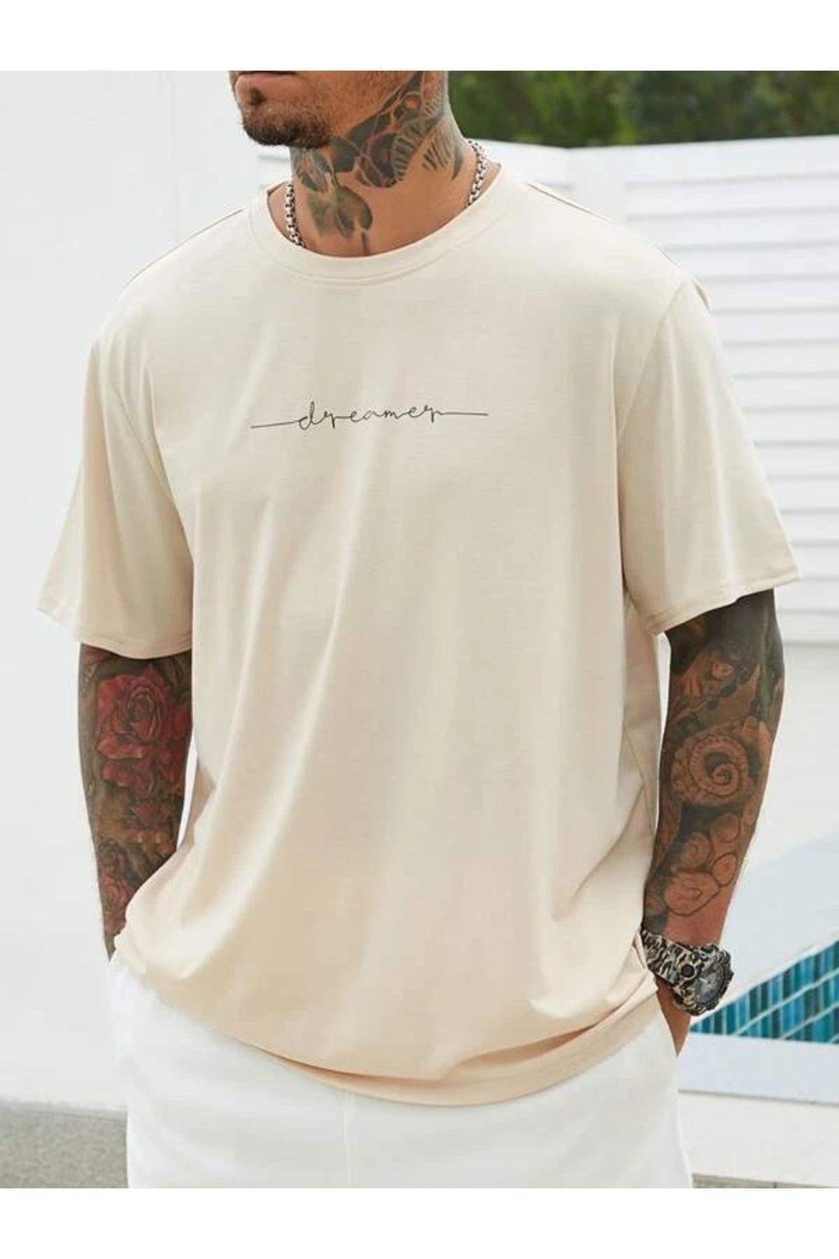Black Sokak Men's Beige Dreamer Printed Oversize Crew Neck Tshirt