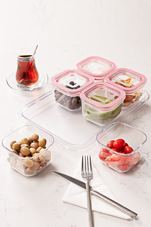 Azza Mini Frühstücksset, 13-teilig, 6 Fächer, vakuumbedeckt, Aufbewahrung, Kekse, Rosa