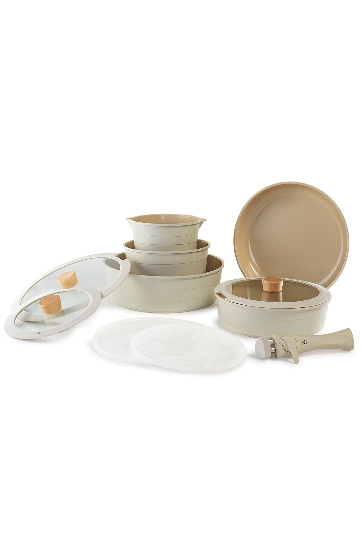 Midas Beige 11 Pieces Set Of Interlocking Pots And Pans With Detachable Handles