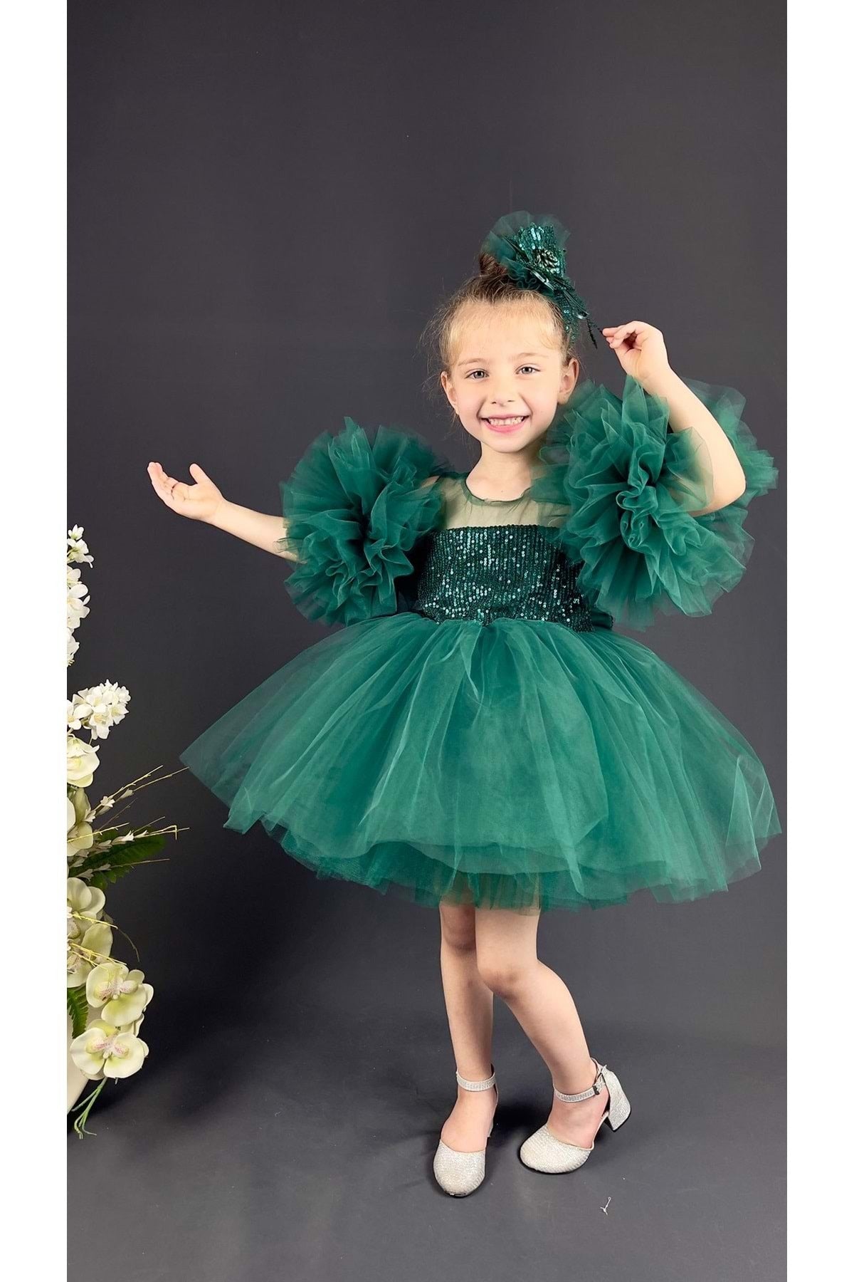 Chiffon Robe Pompom Sleeve Sequined Girls Fluffy Skirt Tulle Evening Dress Green