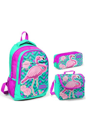 Coral High Green Flamingo Girls' Primary School Bag Set - Backpack+Food+Pencil Holder