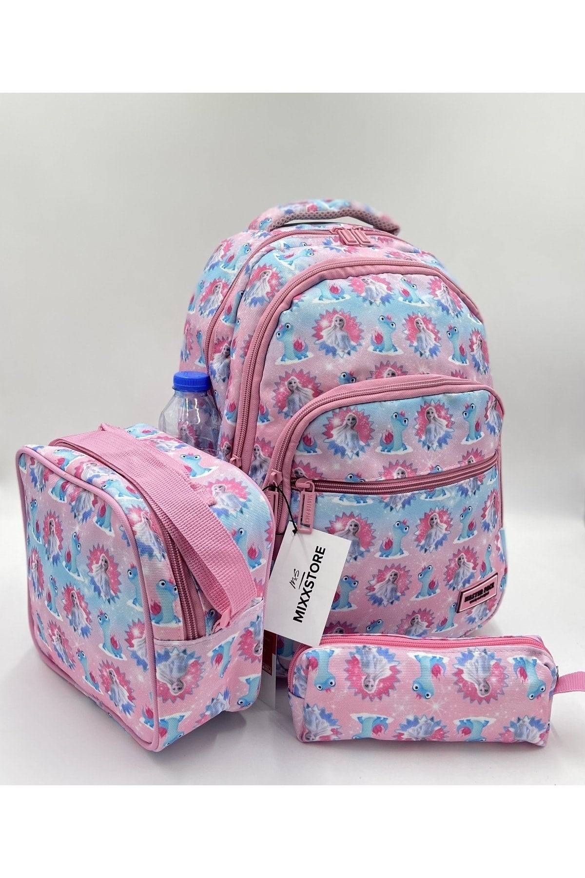 Elsa gemusterter hellrosa Mädchen-Rucksack für die Grundschule mit Essens- und Bleistifthalter