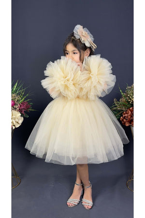 Chiffon Robe Pompom Sleeve Sequined Girls Fluffy Skirt Tulle Evening Dress Ecru