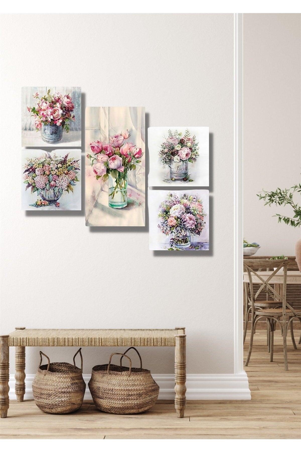 Pieces Flowers In Wooden Color Vase Wall Decor - Painting Set For Living Room Living Bedroom Kitchen - Swordslife