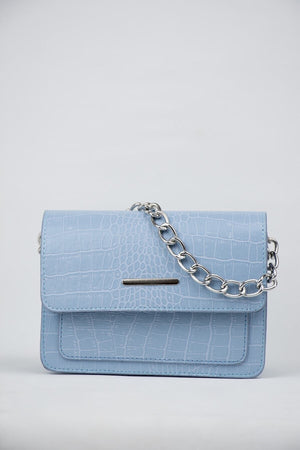 Babyblaue Clutch mit Krokodilmuster für Damen, Baguette-Kettenriemen