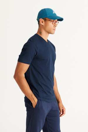 Herren-T-Shirt mit V-Ausschnitt, schmaler Passform, Marineblau, Baumwolle, kurzärmlig