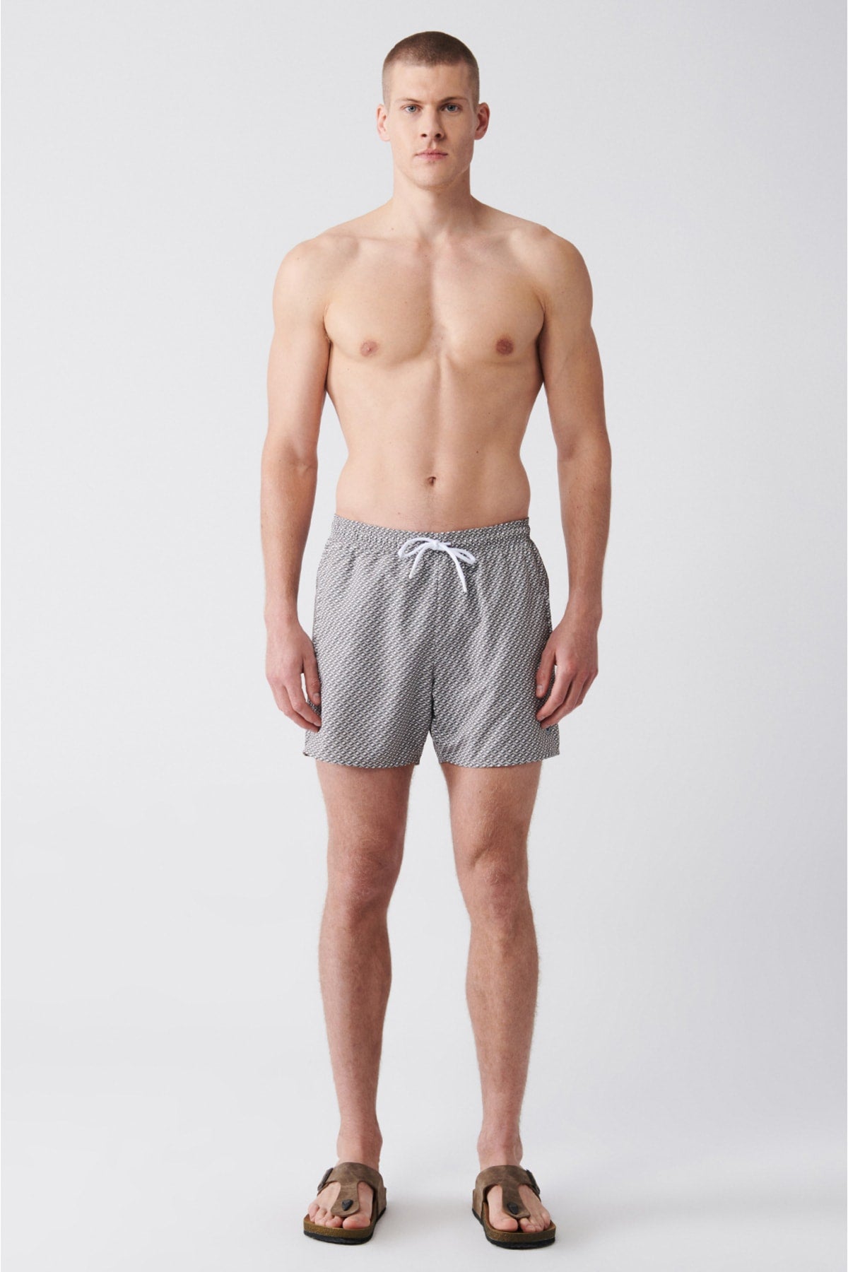 Men'S Grey-White Quick Dry Printed Standard Size Swimwear Marine Shorts E003802