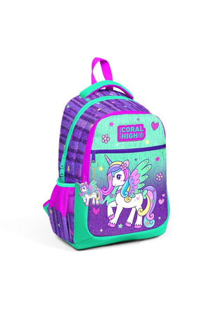 Kinder-Schulrucksack mit drei Fächern und Einhorn-Muster, Lila/Wassergrün, 23487