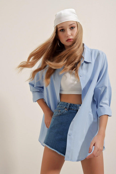 3900 Blue Oversize Long Basic Shirt - Swordslife