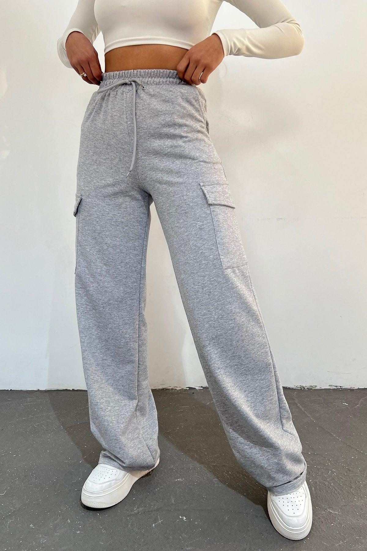Women's Gray - Regular Fit Cargo Pocket Wide Leg Sweatpants - Swordslife
