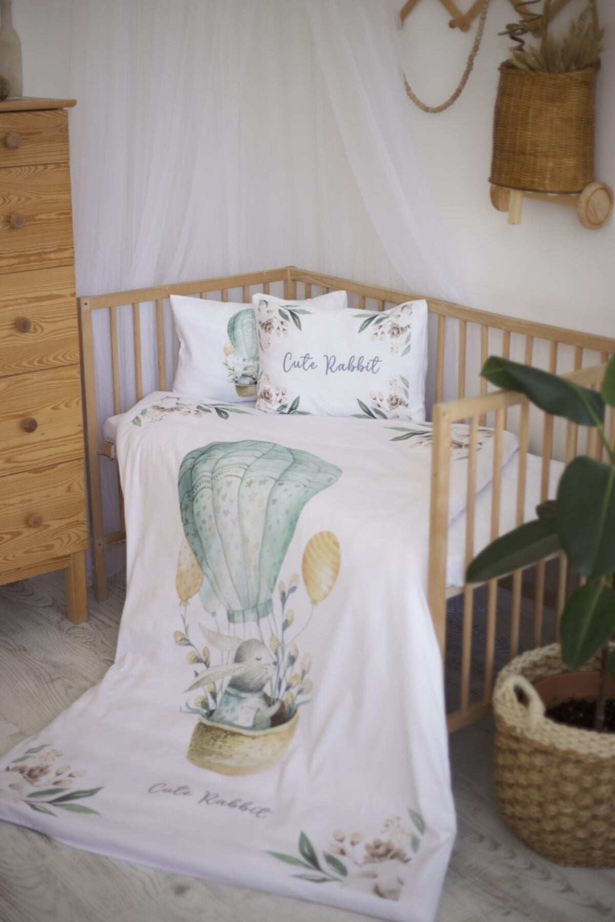 Organic Printed Cotton Satin Baby Duvet Cover Set - Floral Flying Balloon And Rabbit Themed