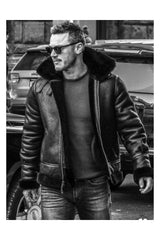 Genuine Lambskin Black Collar Sleeve Waist Furry Men's Leather Jacket