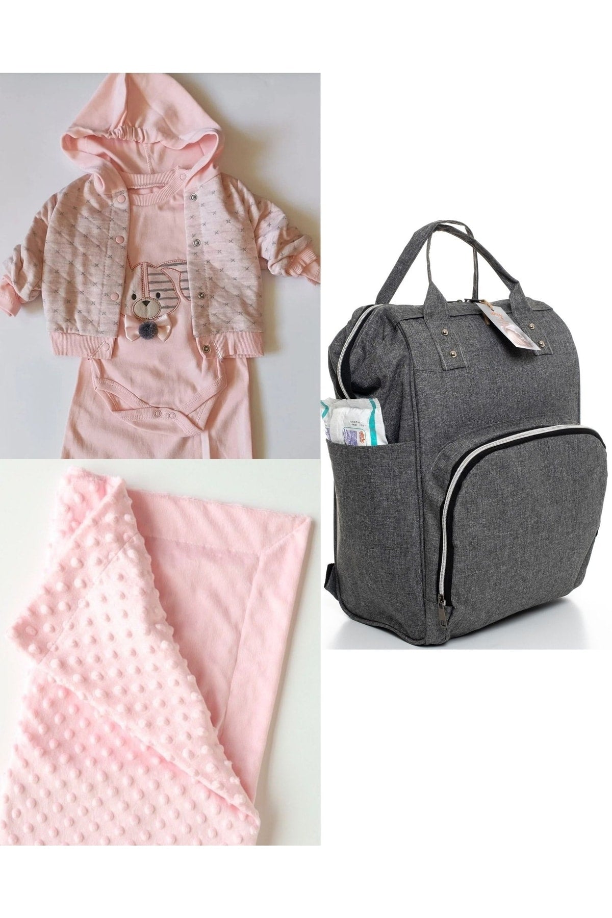 Functional Mother Baby Care Backpack, 100% Cotton Hospital Outlet And Chickpea Blanket Set