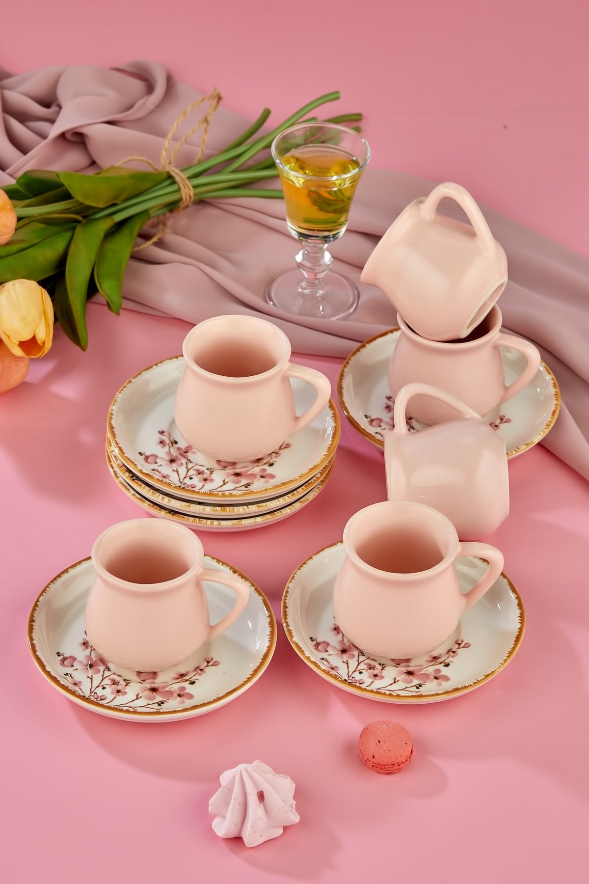 Sakura Pink 12 Piece Luxury Ceramic Coffee Cup Set for 6 People, Coffee Cup