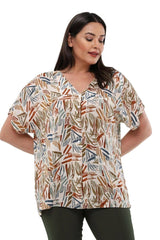 Women's Large Size Cream V-Neck Bat Sleeve 42-52 Buttoned Viscose Cotton Blouse - Swordslife