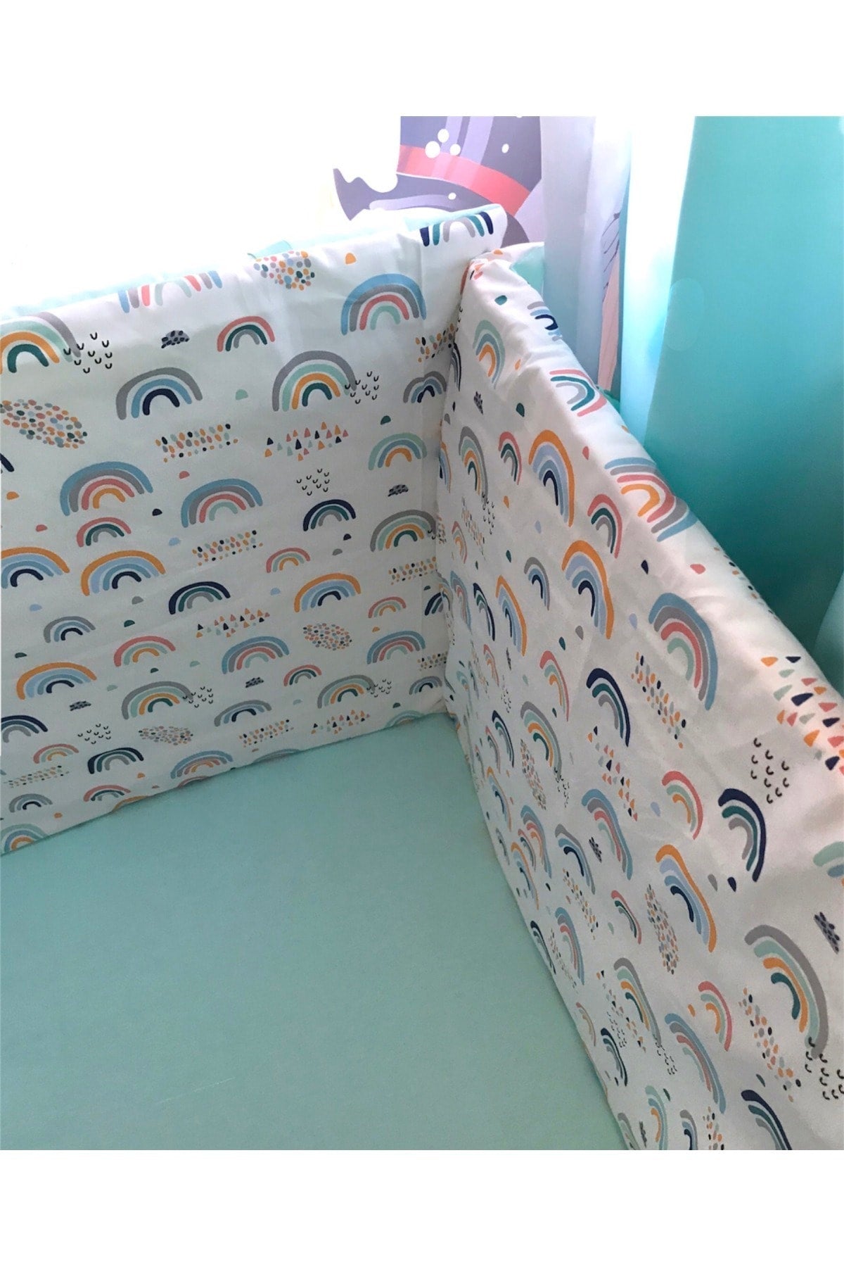 Baby Child Crib Side Protection 90X190 Cm For Montessori 4 Pieces Rainbow Mint Green