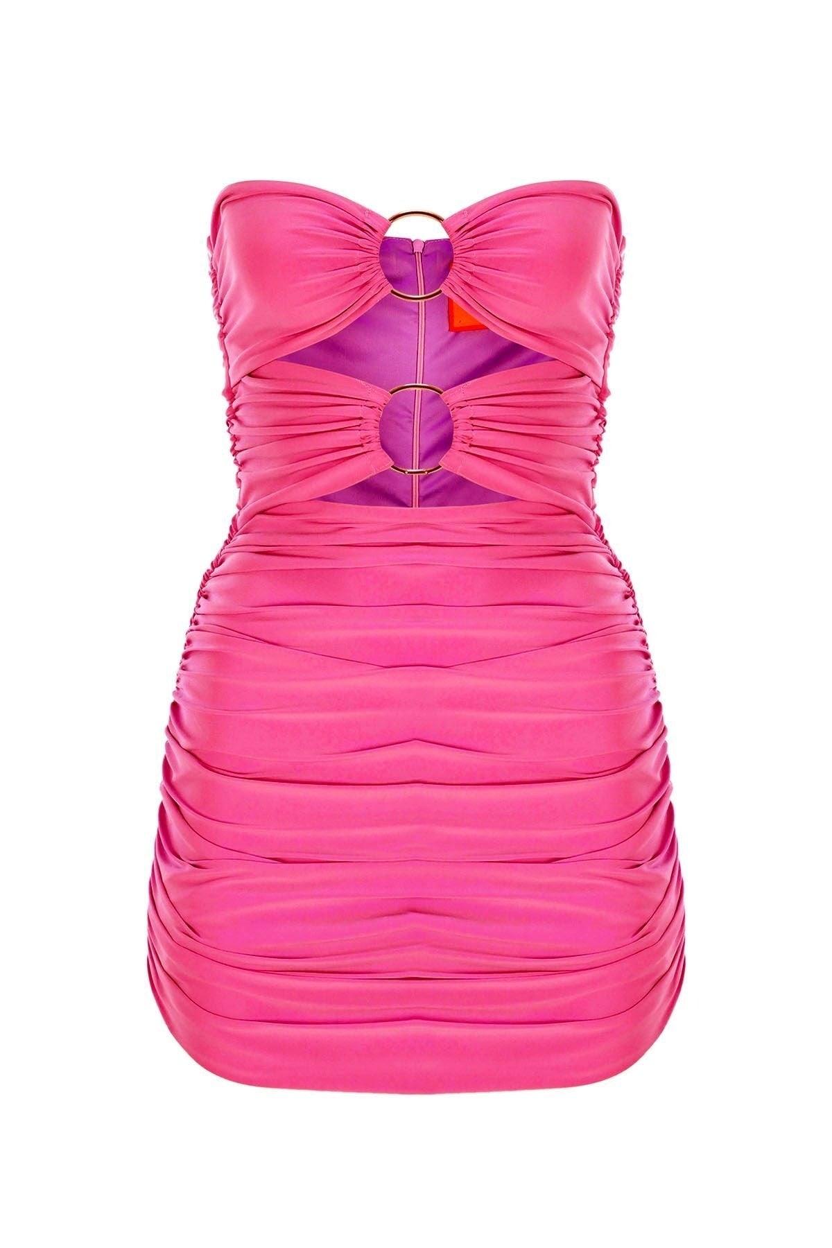 Pink Bust Two-Ring Ruffle Strapless Draped Mini Evening Dress - Swordslife