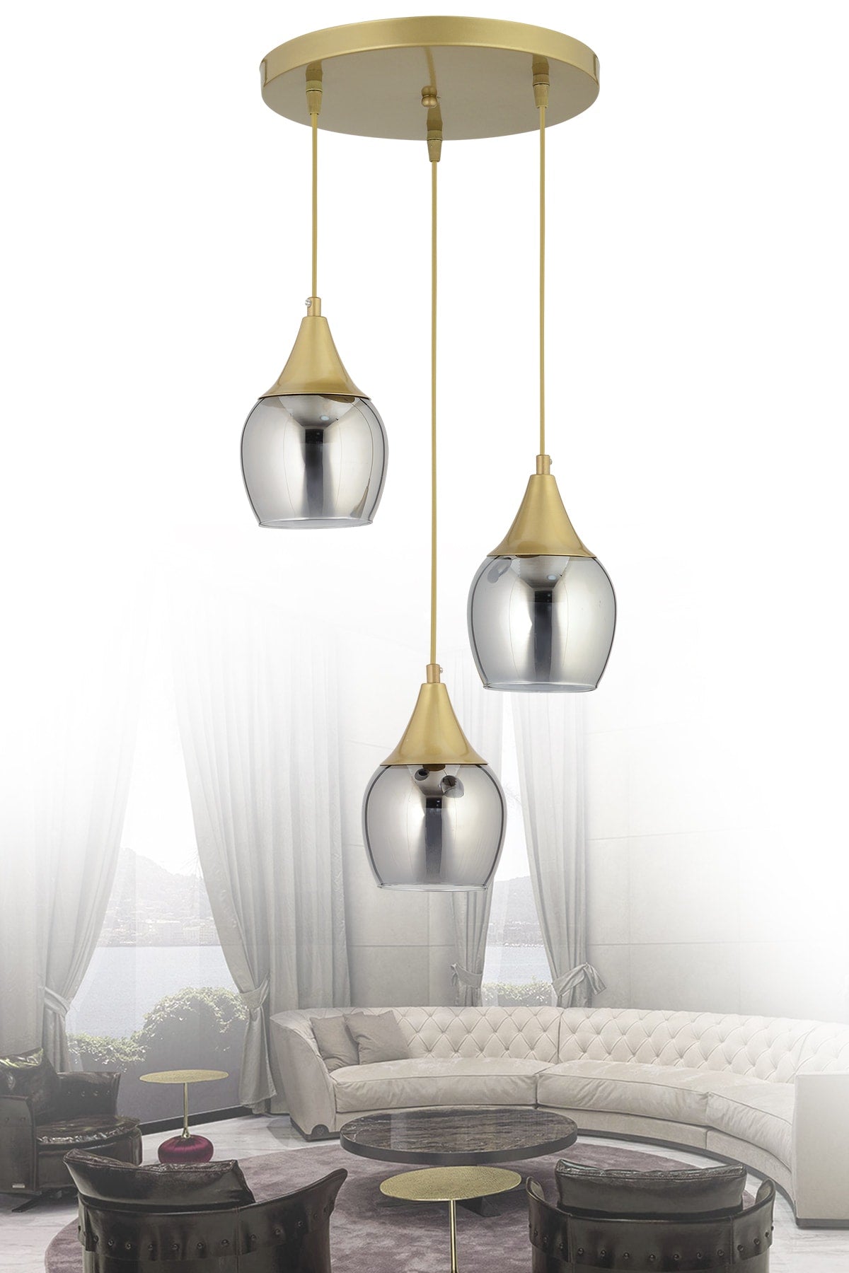 Sante 3-Piece Antique Smoked Glass Modern Pendant Lamp Chandelier Living Room Kitchen Room Hallway Chandelier