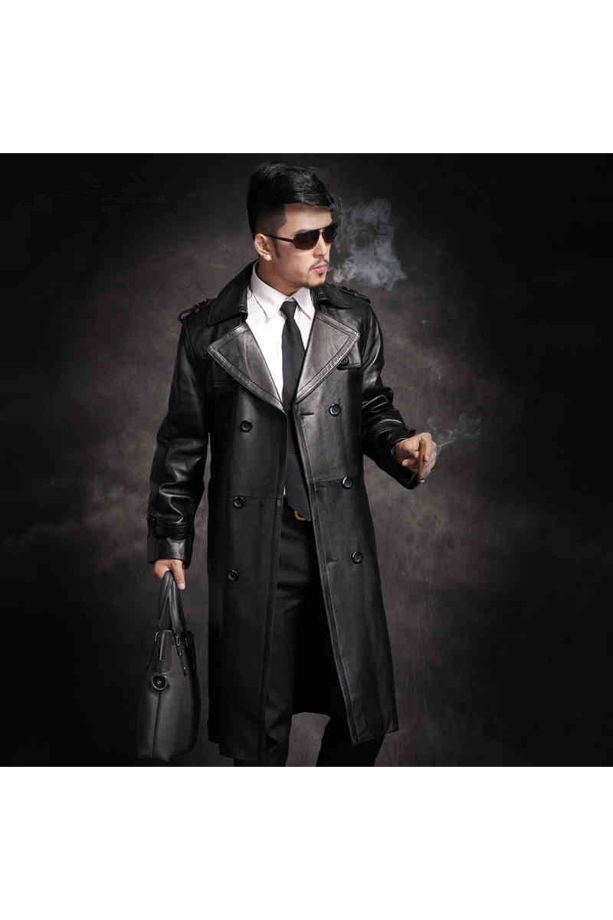 Genuine Lambskin Black Long Buttoned Men's Leather Jacket