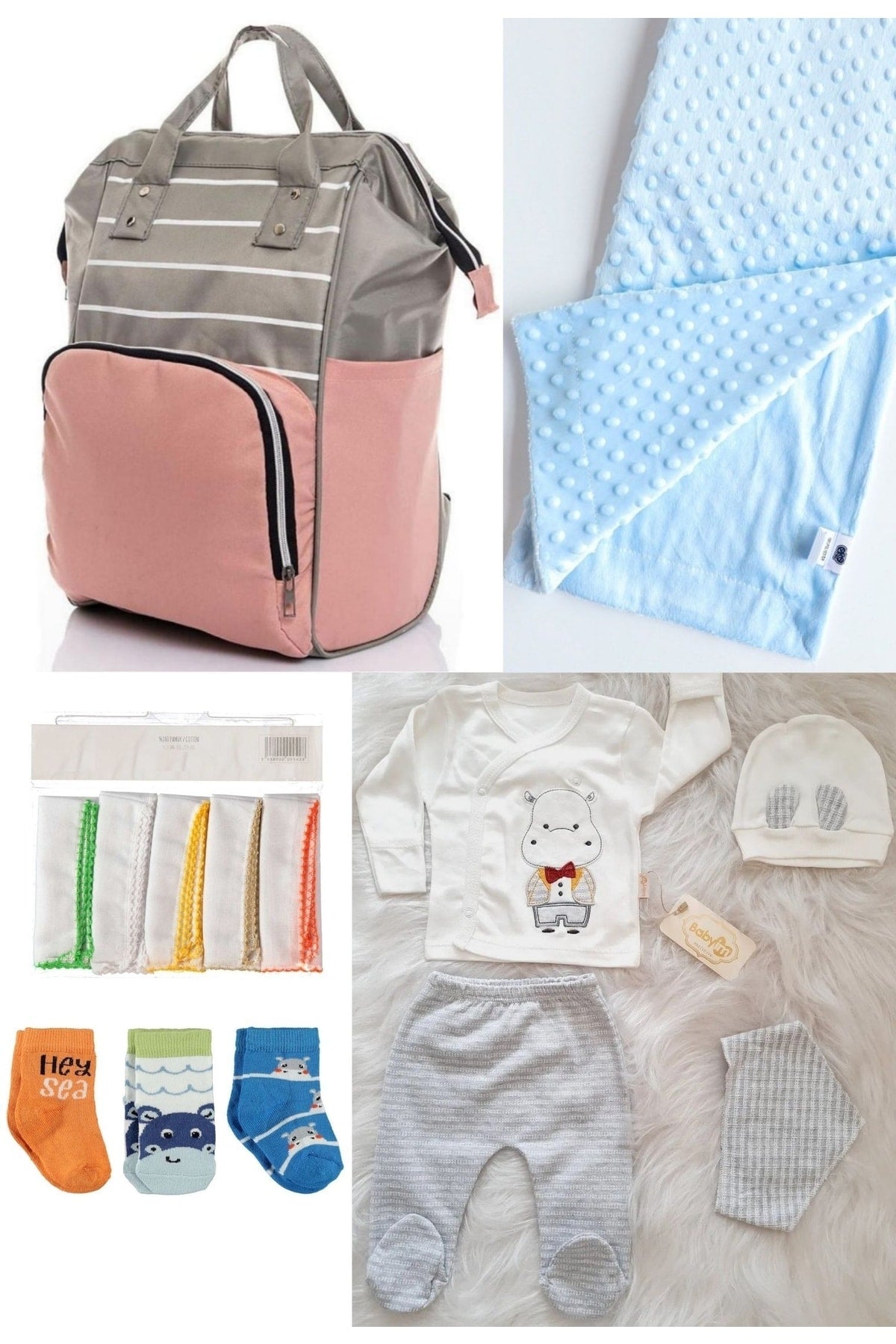 5-teiliges Schwangerschaftsset (Babypflegerucksack, Krankenhausausgang, Kichererbsendecke, 10 Feuchttücher und 3 Socken)