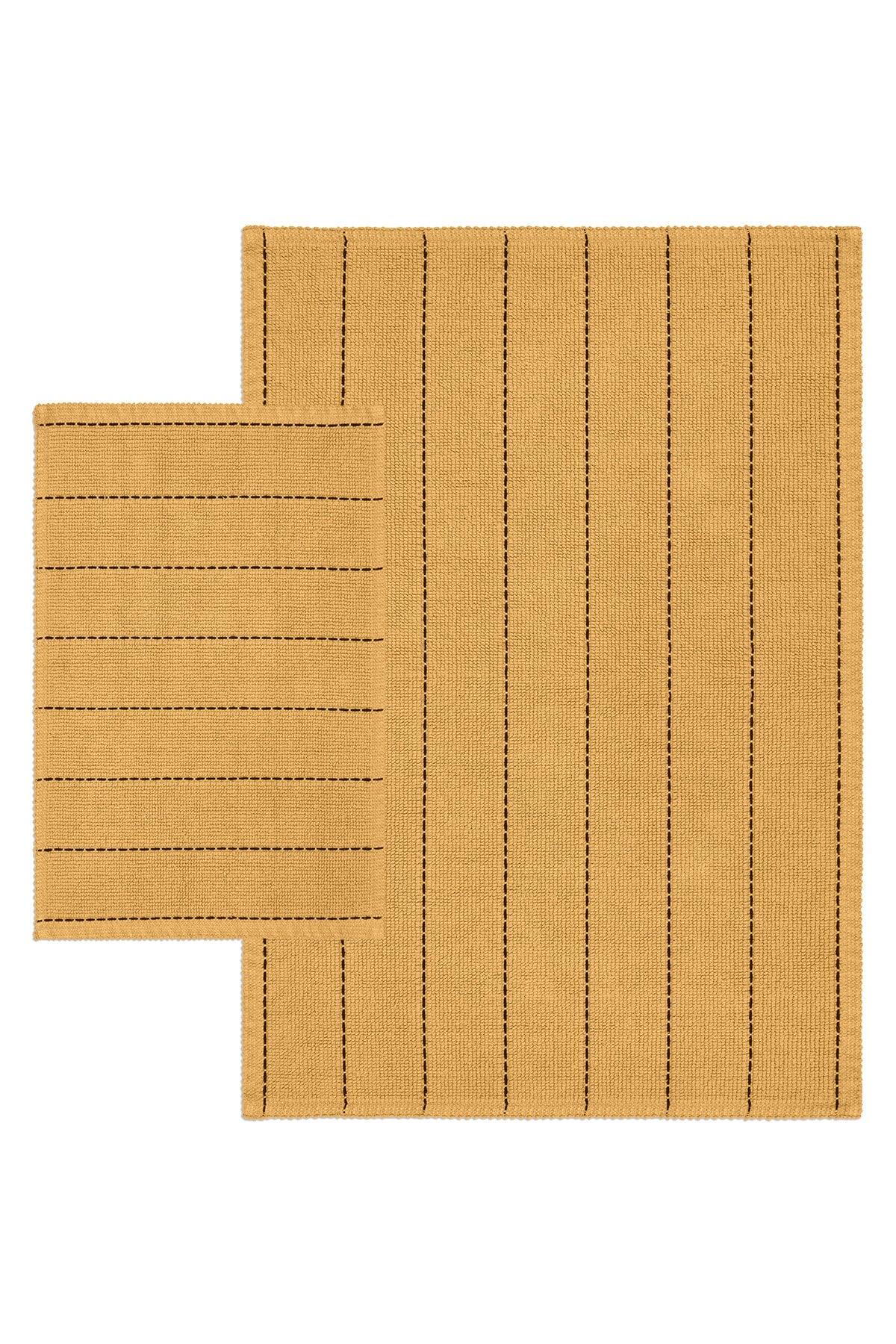 Basic Stripe Natural Cotton 2-Pack Bathroom Rug 60x100 50x60 Cm Spruce Yellow - Swordslife