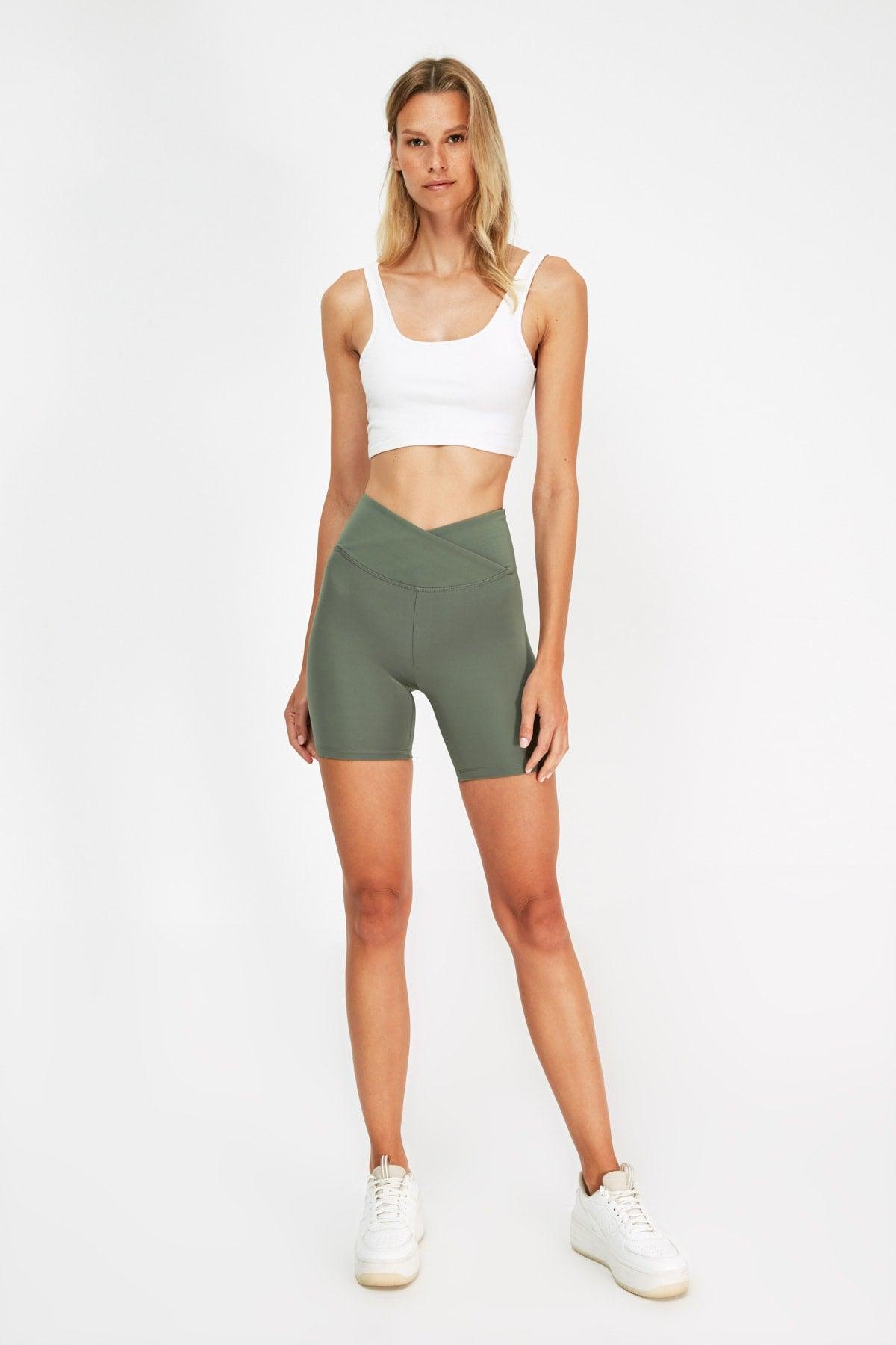 Khaki Gathering Double Breasted Waist Detailed Sport Shorts Tights TWOSS21SR0714 - Swordslife