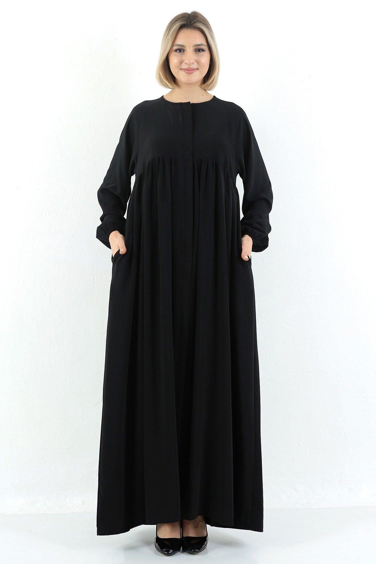 Black Oversized Zippered Pleated Robe Abaya Hijab - Swordslife