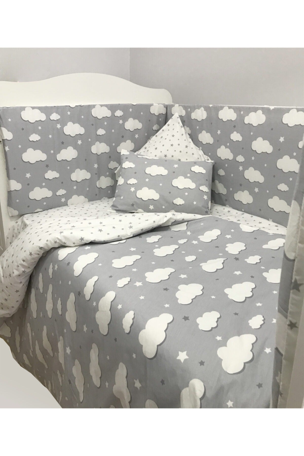 Montessori 120x200cm Crib Side Protection And Duvet Cover Set Gray Cloud Design