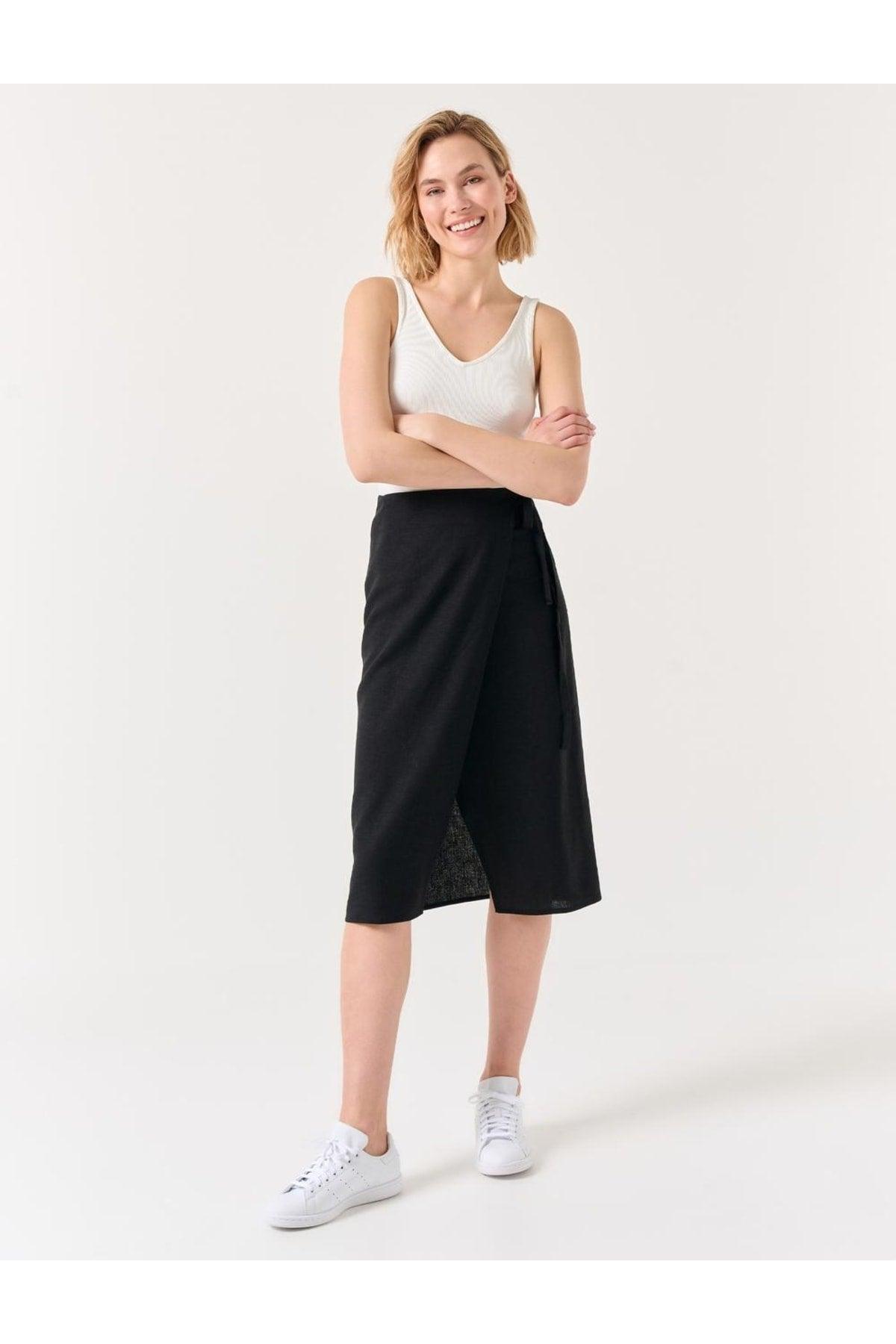 Black Regular Waist Slit Midi Linen Skirt - Swordslife