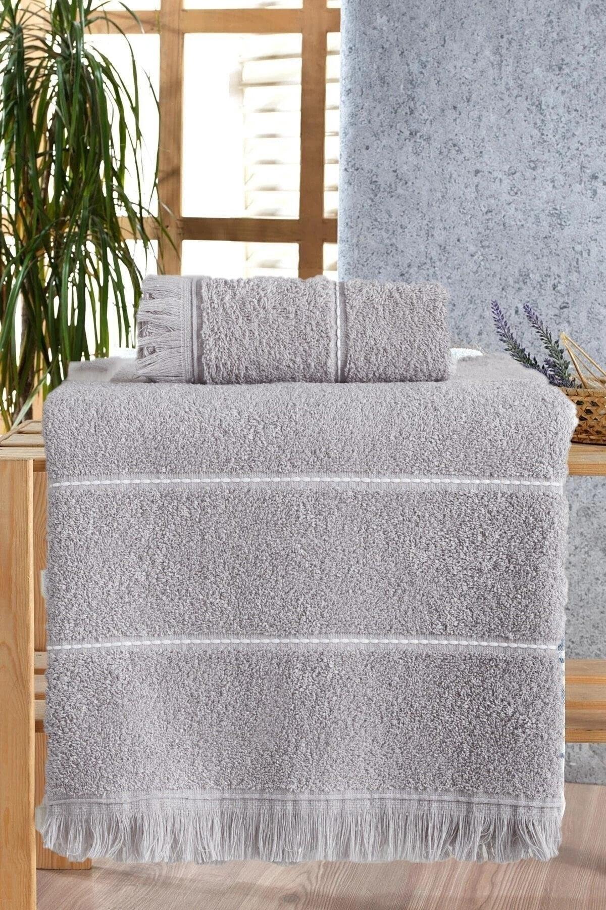 Pandora Gray Jacquard Fringed Bath Towel Set of 2 - Swordslife