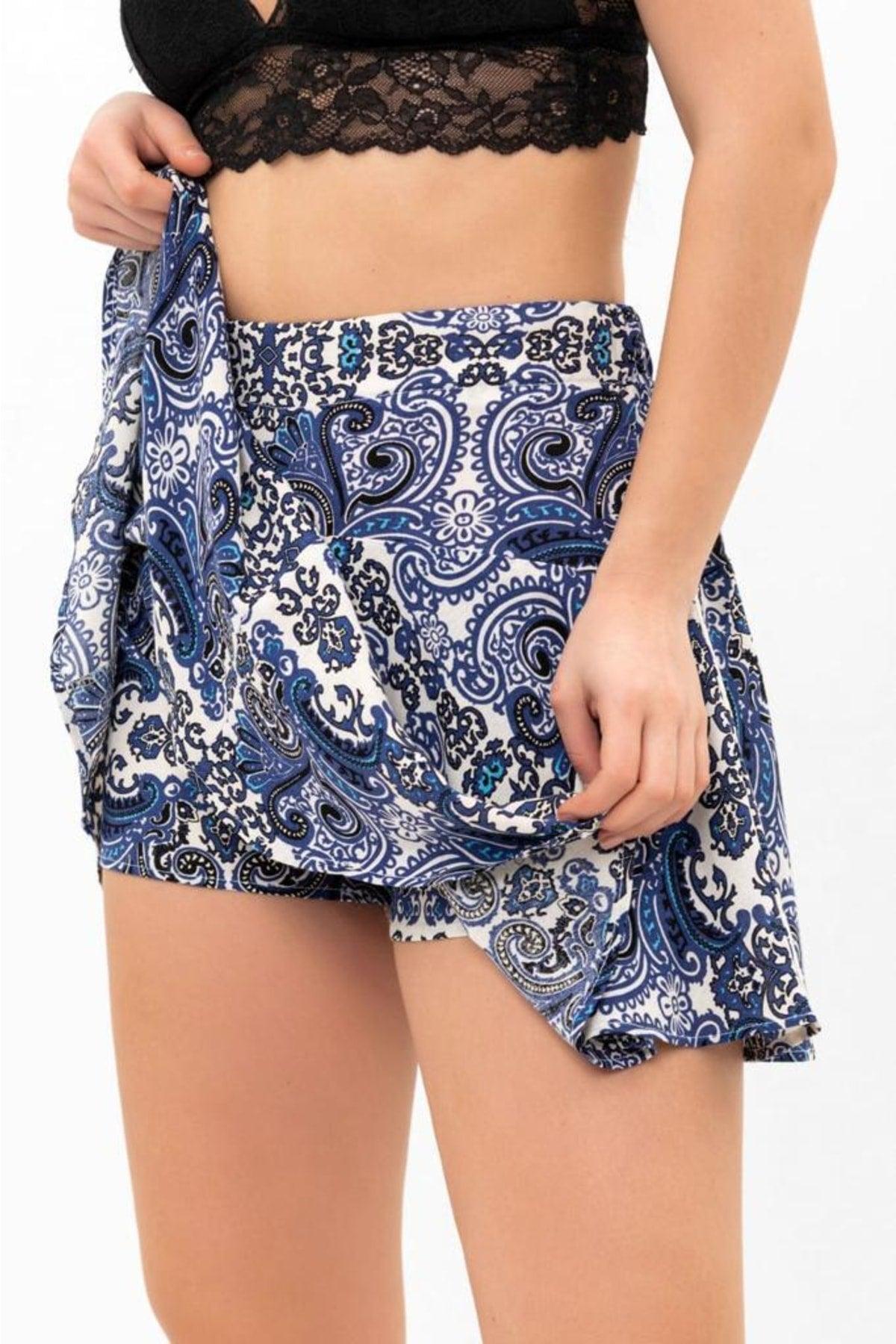 Summer Mini Short Shorts Skirt Soft Woven Viscose Printed High Waist, Elastic Back Waist - Swordslife