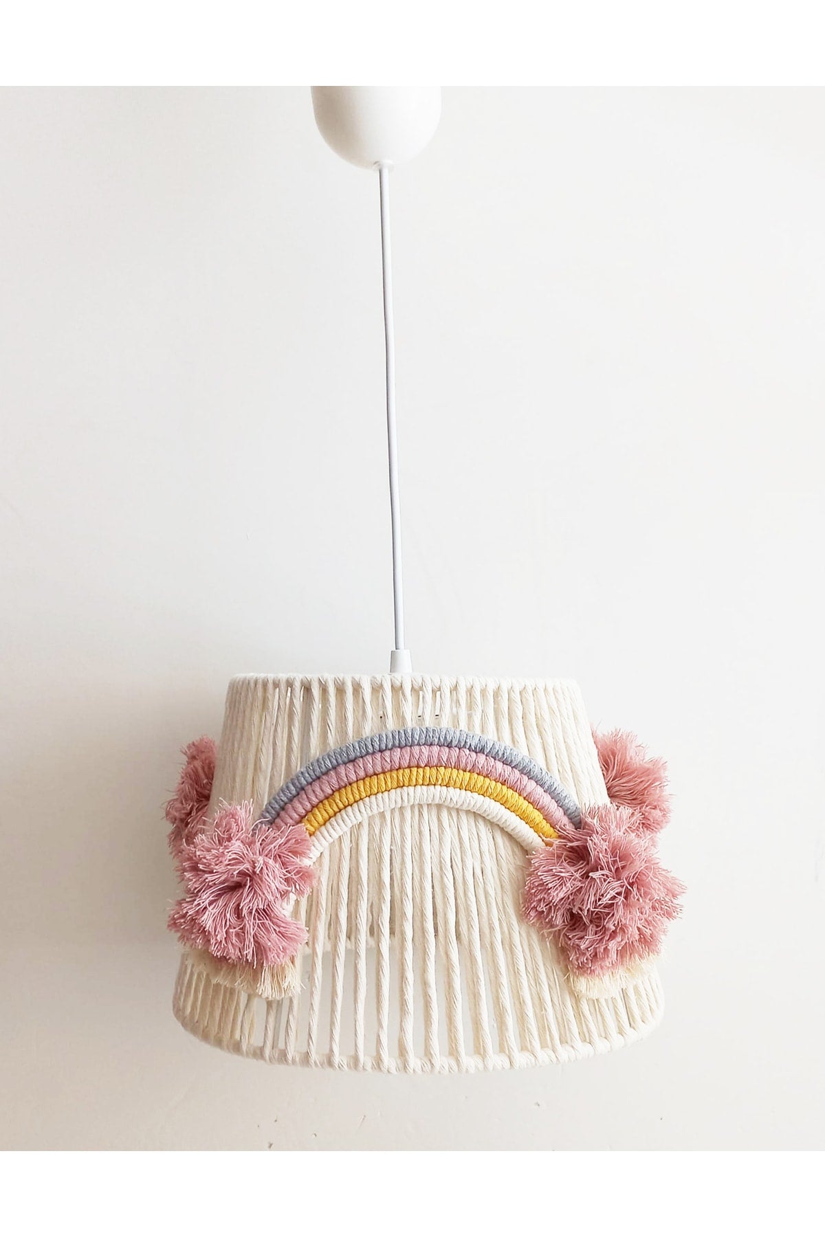Macrame String Wrap Rainbow Appliqued Pink Handmade Pompom Baby Girl and Children's Room Chandelier (28)