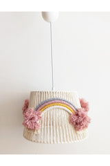 Macrame String Wrap Rainbow Appliqued Pink Handmade Pompom Baby Girl and Children's Room Chandelier (28)